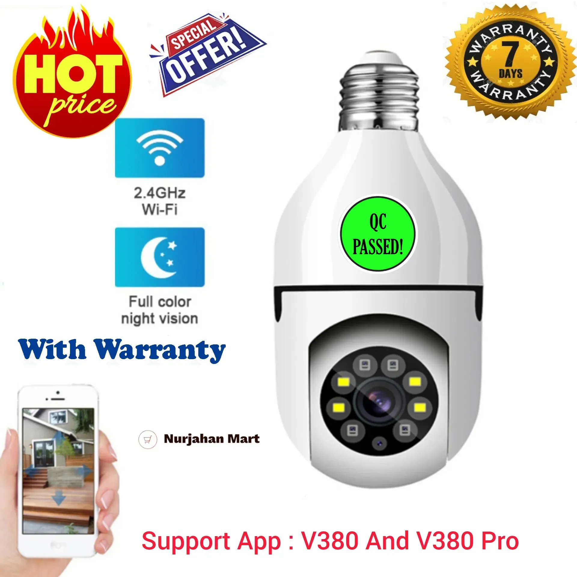 single lense 2 mega pixel V380 PTZ Bulb IP camera night vision home WIFI IP security camera